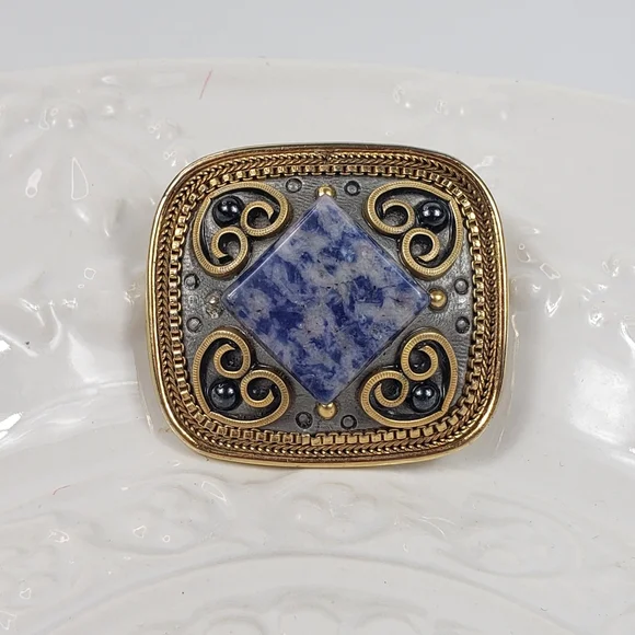 Michal Golan Blue Sodalite & Gold Filigree Pendant / Brooch w/Hearts 1.50x1.25